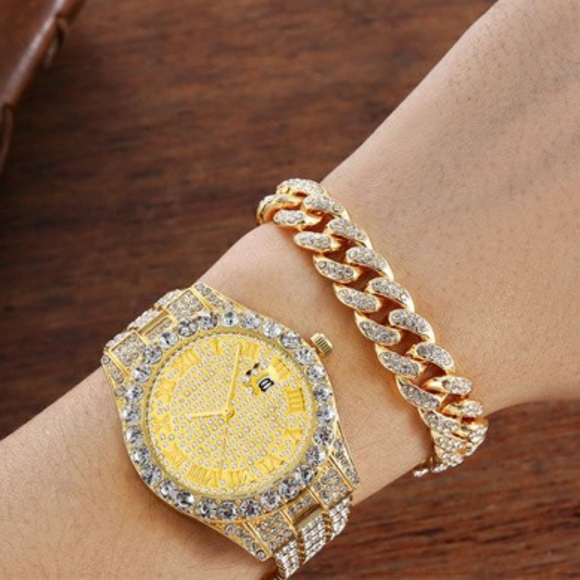 2pcs/set Rhinestone Large Dial Steel Strap Quartz Zinc Alloy Watch - Picture 6 of 7